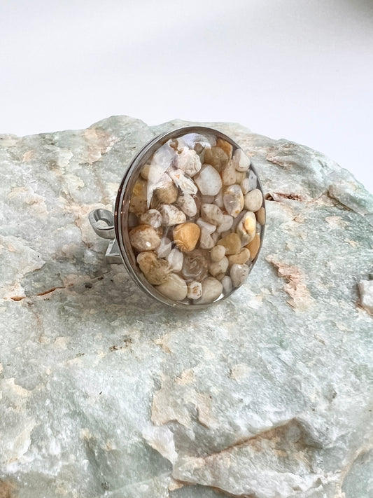 Large Round Stainless Steel Adjustable Ring with Oregon Coast Sugar Agate in Resin
