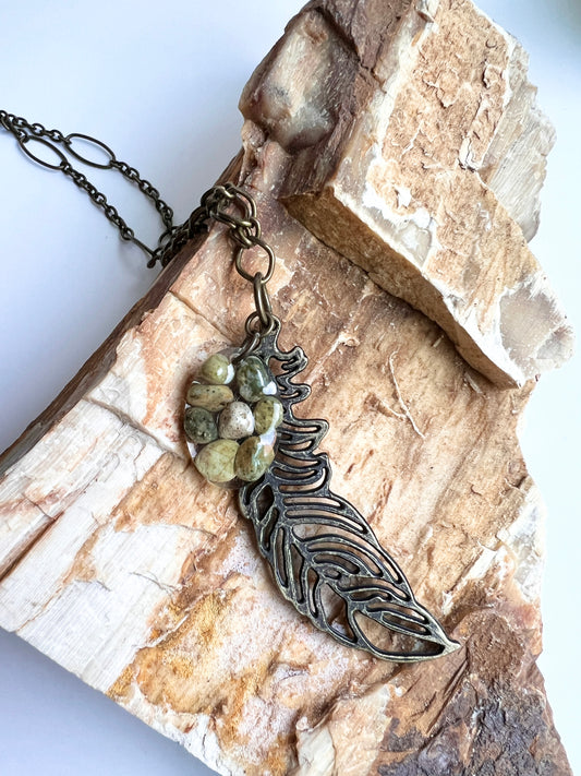 Oregon Coast Jasper and Chalcedony in Resin Feather Pendant Necklace