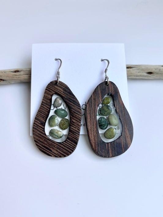 Oregon Coast Green Jasper in Resin with Long Walnut Wood Earrings