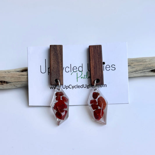 Oregon Coast Red Jasper in Resin with Long Walnut Wood Stud Earrings