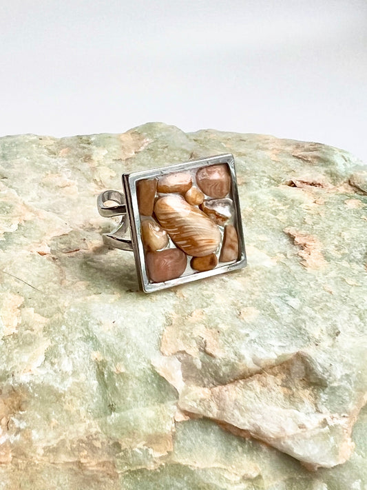 Square Stainless Steel Adjustable Ring with Oregon Coast Agate & Shell in Resin