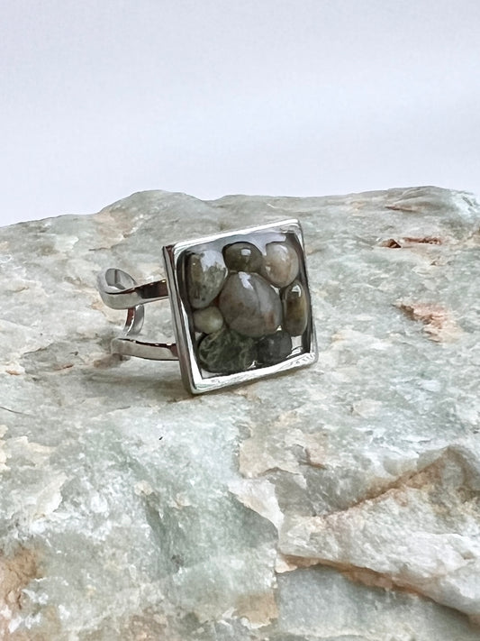 Small Square Stainless Steel Adjustable Ring with Oregon Coast Jasper in Resin