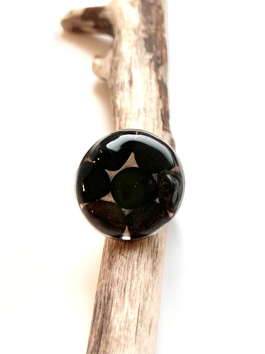 Stainless Steel Adjustable Ring with Oregon Coast Basalt in Resin