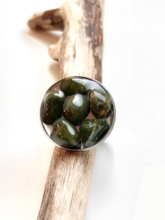 Stainless Steel Adjustable Ring with Oregon Coast Green Jasper in Resin