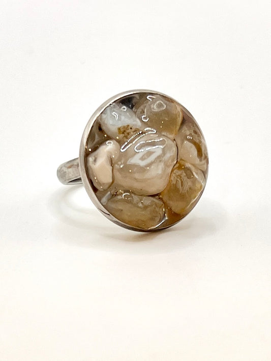 Stainless Steel Adjustable Ring with Oregon Coast Agate in Resin