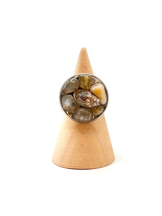 Stainless Steel Adjustable Ring with Oregon Coast Agate & Shell in Resin