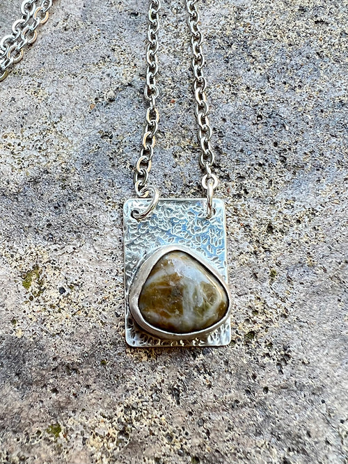 Lightly Oxidized Textured Sterling Silver Rectangle Serpentine Pendant Necklace