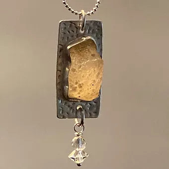 Sterling Silver Rectangle Pendant Necklace with Oregon Agate & Vintage Crystals