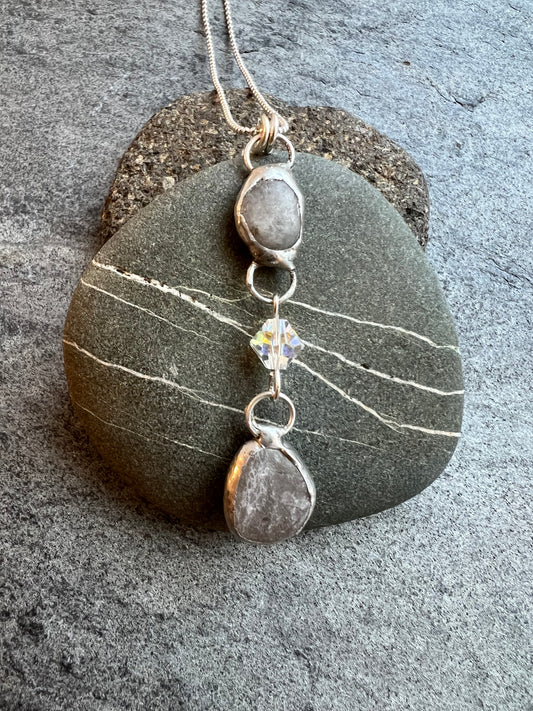 Tiffany Soldered 2-Grey Sea Stone & Crystal Pendant Necklace