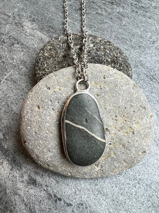 Tiffany Soldered Medium Oval Basalt Wishing Stone Pendant Necklace