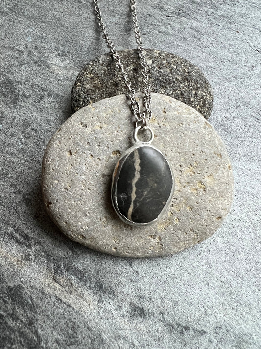Tiffany Soldered Oval Basalt Wishing Stone Pendant Necklace