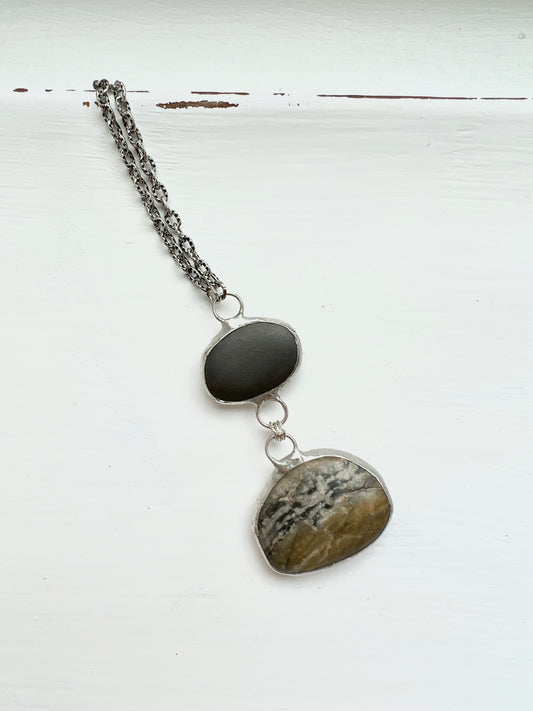 Tiffany Soldered 2-Stone Northern California Basalt & Picture Jasper Pendant Necklace