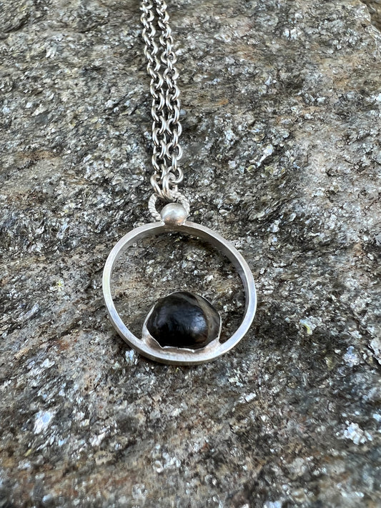 Sterling Silver Circle Pendant Necklace with Oregon Basalt & Quartz